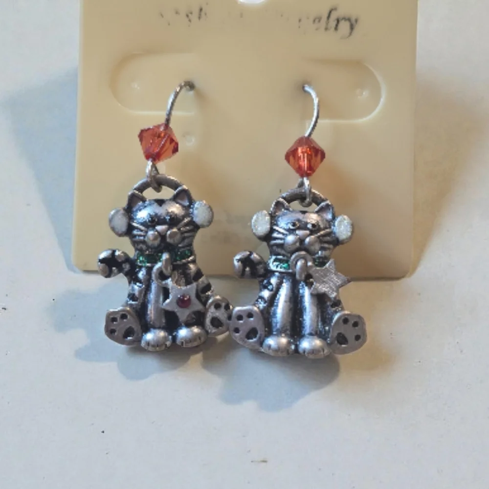 Silver Cat Earrings with Orange Accents